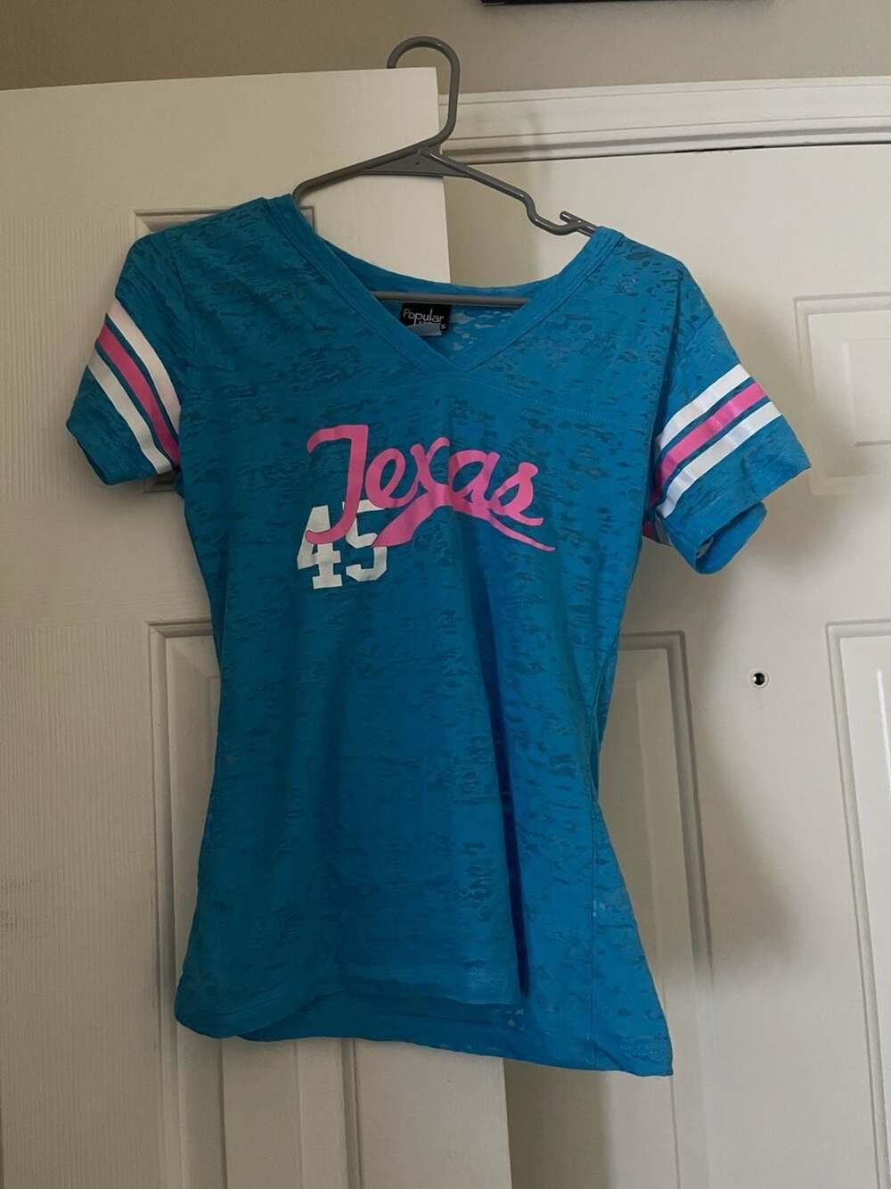 Popular Sports Texas 45 Jersey T-Shirt Size M Blue Pink Striped Sleeves